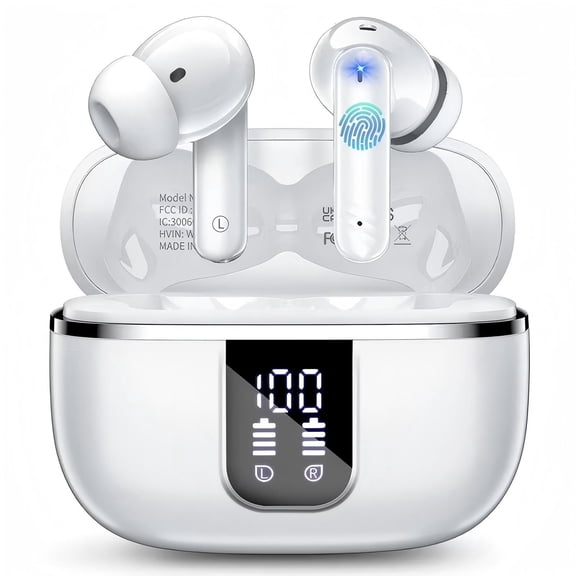 Wireless Earbuds Bluetooth Noise Cancelling Ear Buds for iPhone Android Sports Workout, 38H Playtime, Microphone Deep Bass Stereo, LED Display, Waterproof in Ear Earphone, White