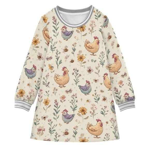 Girls' long-sleeved dress Cartoon Chicken Girls' A-line dress with ribbed cuffs Soft and comfortable