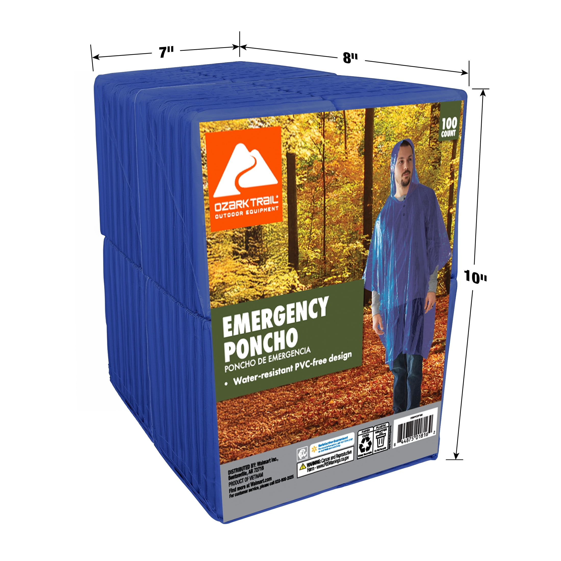 Ozark Trail Emergency Rain Ponchos, Blue, 100 Count