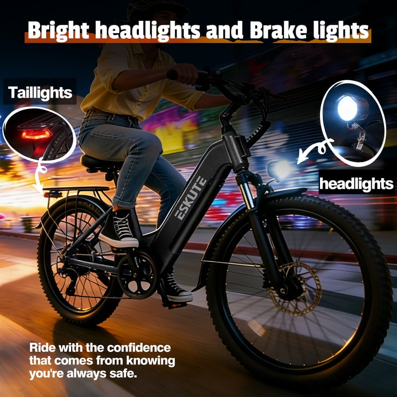 ESKUTE C200 Electric Bike for Adults, 1300W Peak Power Ebike, 28MPH Step-Thru E-Bicycle with 840Wh Removable Battery, Up to 70 Miles, 26" Tires, 7 Speed ,Black with Phonebag & Lock, UL2849