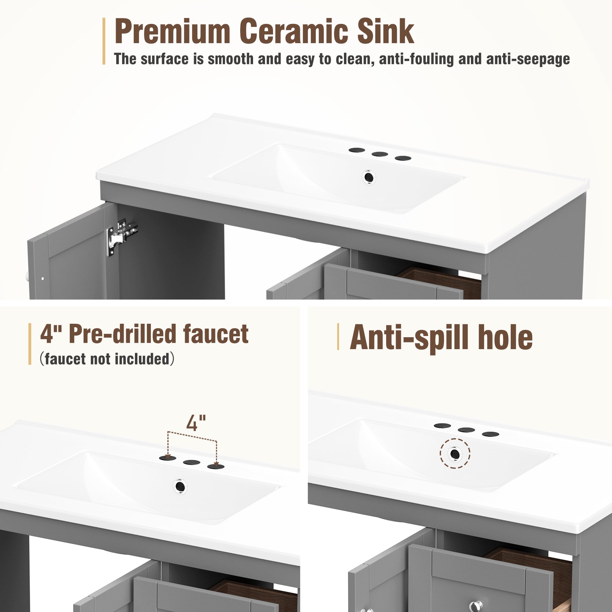 Euroco 72 inch Shaker Style Free-Standing Bathroom Vanity Cabinet with Ceramic Sink, Soft-close Drawers and Soft-close doors