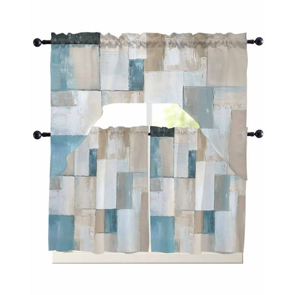 Abstract Blue Brown Kitchen Curtains Swag Valance and Tier Curtains Set 24 Inch Length, Oil Painting Simple Color Blocks Rod Pocket Drape Panels Pair Swag Curtain for Bathroom/Cafe/Window