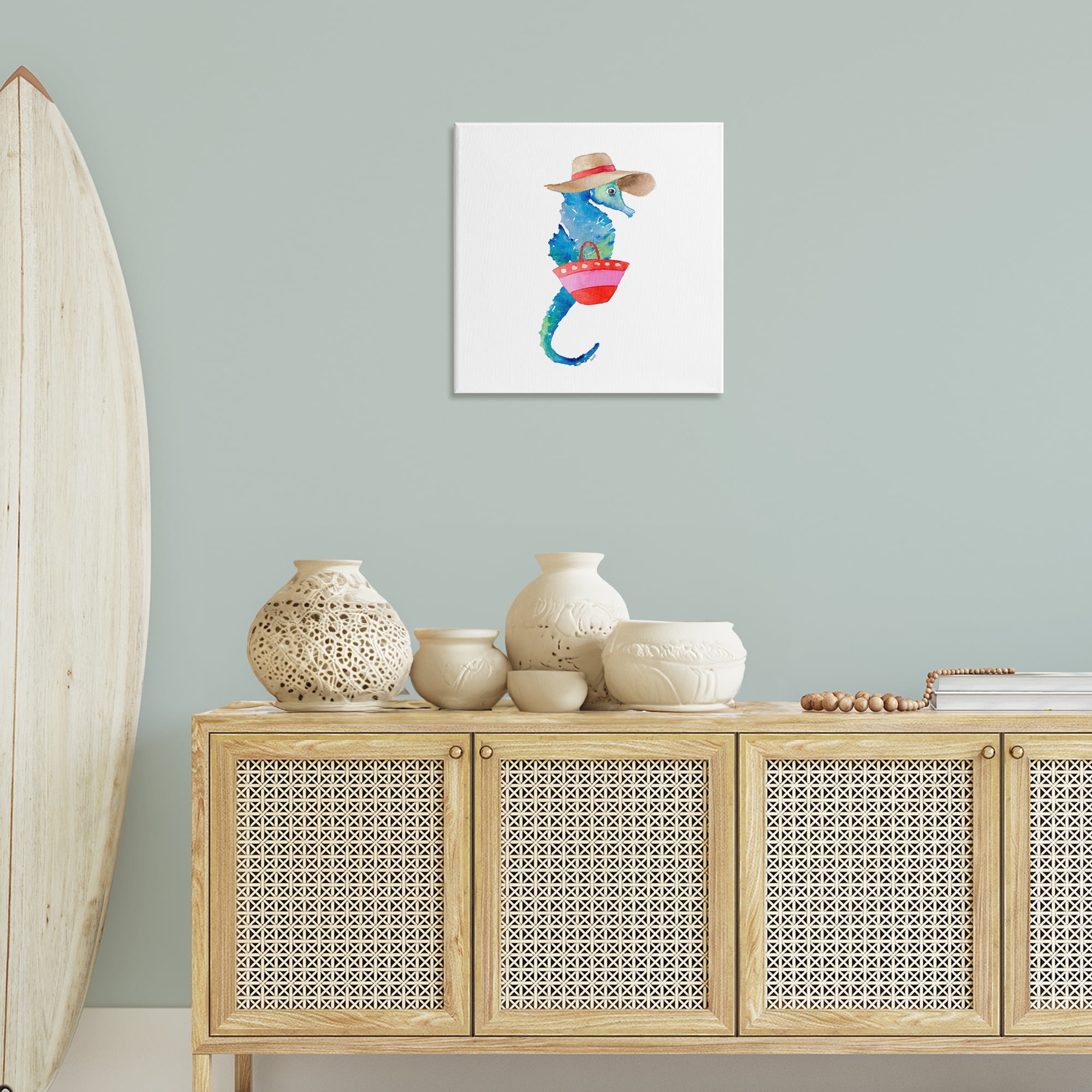 Stupell Industries Seahorse in Beach Hat Novelty Painting Gallery Wrapped Canvas Art Print Wall Art, 24 x 24