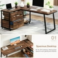 thumbnail image 2 of Fnova 53.15" L-shaped Computer Desk with 3 Drawers, Wood Tabletop, Metal Frame Office Desk, Brown, 2 of 13