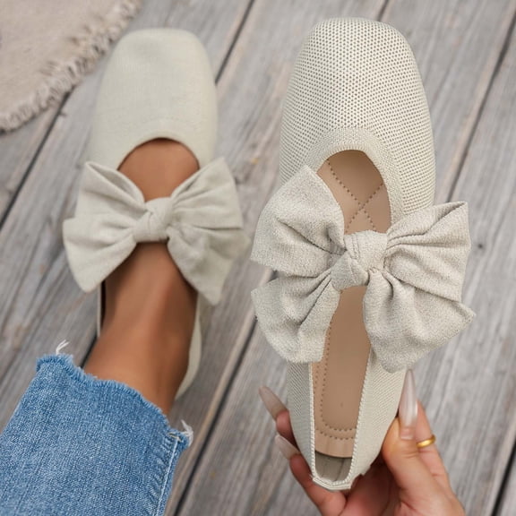 BRGZLK Knit Mary Jane Flats Summer 2026 Solid Color Cute Mesh Breathable Comfortable Versatile Plus Size Loafers Casual Slip-On Flats with Bow for Ladies Daily Wear Beige 9