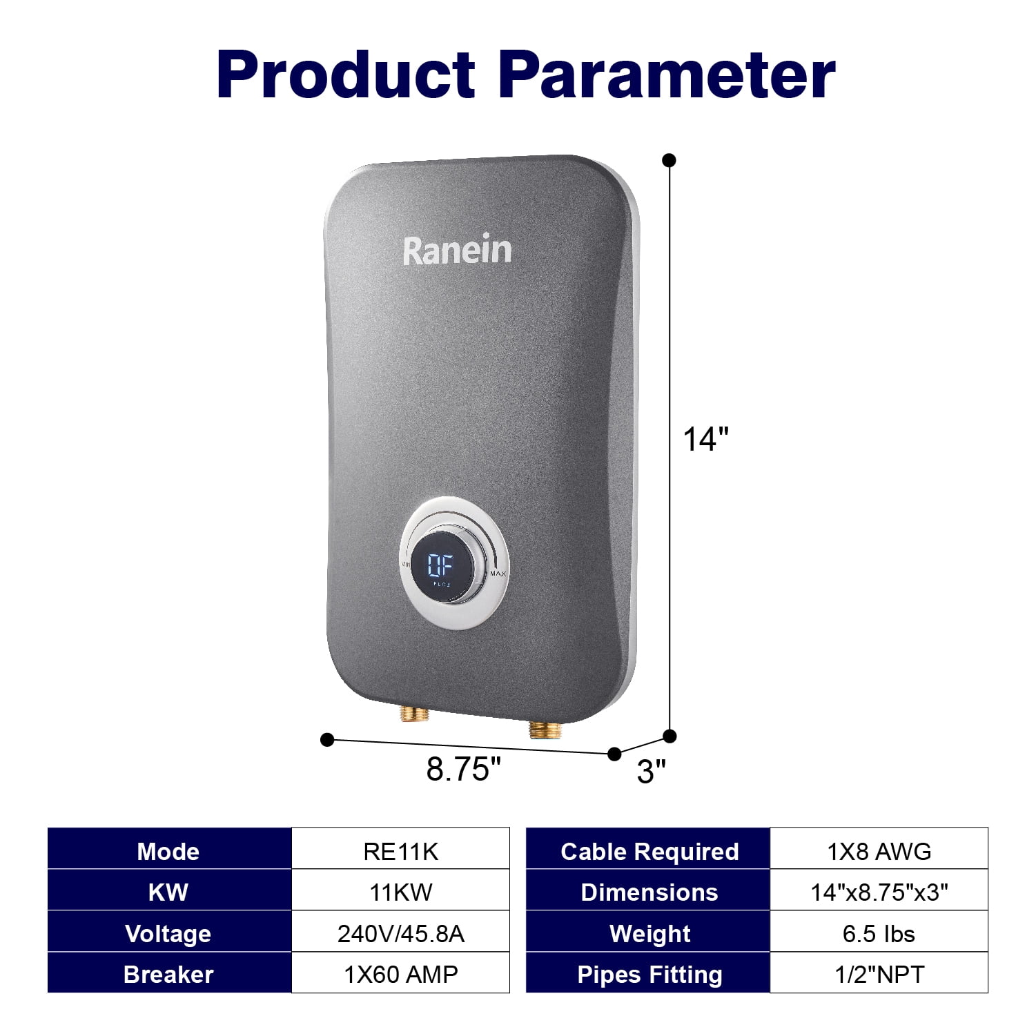 Ranein Electric 240 Volts 11000 Watts Tankless Water Heater for Bathroom