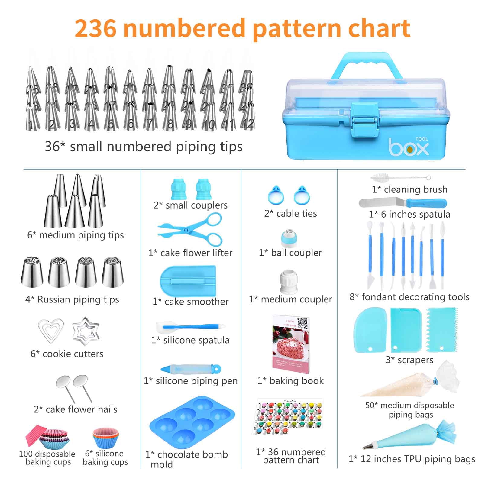 Uarter 236 Pcs Cake Decorating Kit: Piping Bags & Tips Set with 42 Icing Tips/4 Russian Tips/Frosting Bags/Chocolate Bomb Mold - Cake Decorating Supplies Baking Tools with Storage Box