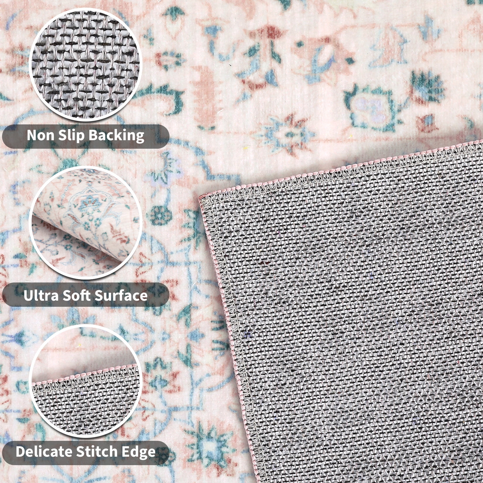 Garvee Vintage Floral Print Area Rug, 10'x13' Washable Rug Stain Resistant Indoor Carpet Non-Slip Low Pile Floor Rugs for Living Room Bedroom Dining Room, Pink