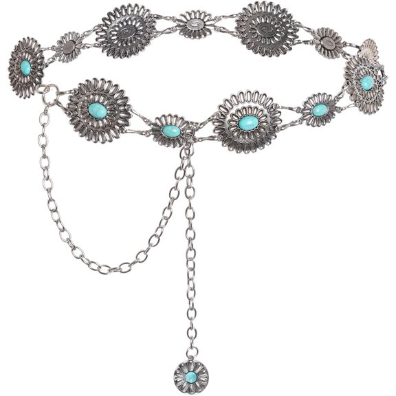 Metal Oval Concho Chain Belt for Women Cowgirl Turquoise Chain Belt for Dresses Jeans