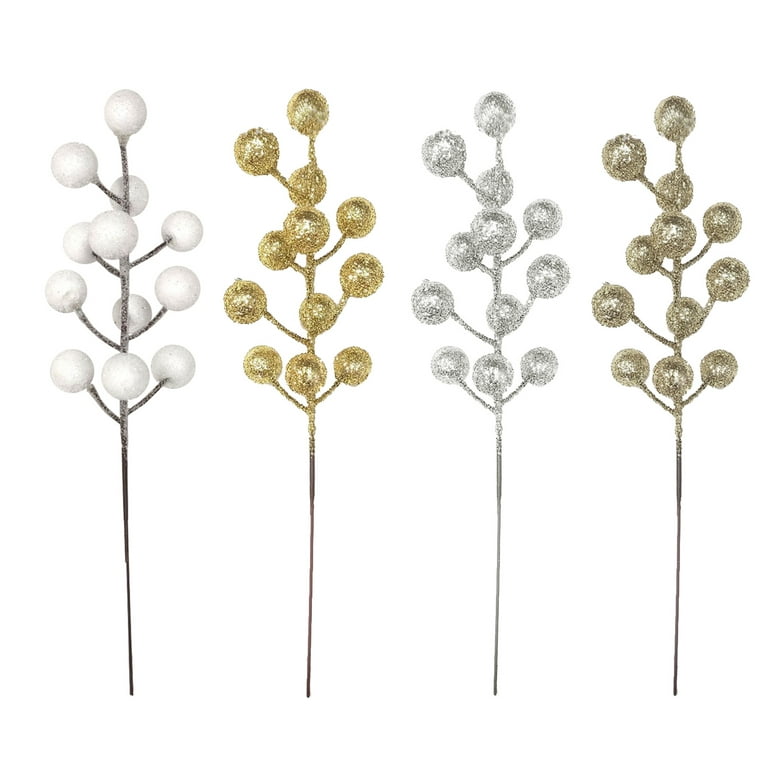 Yinkuu 10pcs Christmas Decoration Picks Cuttings Artificial Silver Gold White Berries Glitter Simulation Fruit Xmas Sprigs 8.3in, Size: 21