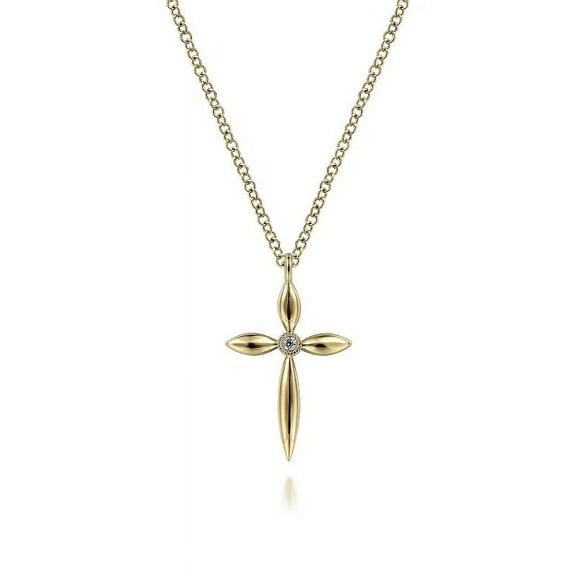 0.10 Ct Round Real Diamond Stunning Solitaire Cross Pendant Necklace for Ladies in Solid 14K Yellow Gold With 18 inches chain
