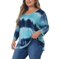 thumbnail image 4 of Tops de mujer plus size Agnes Orinda con rayas de teñido anudado, cuello en V, mangas 3/4, blusas casuales 2X azul lago, 4 of 6