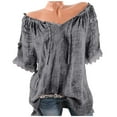 thumbnail image 2 of Wycnly Womens Blouses and Tops Dressy Sexy off Shoulder Lace Trim Plus Size Baggy Comfy Cotton Linen Shirts Summer Solid V-Neck Short Sleeve Cute Tees Tops Dark Gray m, 2 of 6