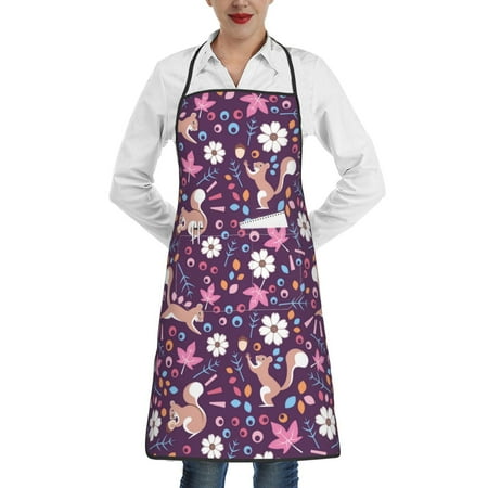 

Qekee Cute Squirrel Floral Print Adjustable Bib Apron Resistant with Pocket Cooking Kitchen Aprons for Women Men Server Chef Apron