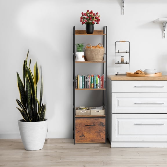 5 Tier Rustic Brown Wood Metal Bookshelf with Drawer, Tall Narrow Bookcase Storage Organizer, 56 Inch Height