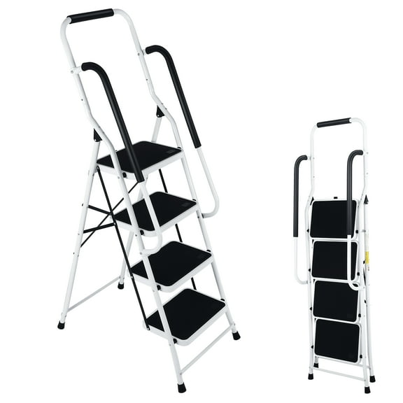 4 Step Ladder with Handrails, Portable Folding Step Stool with Safety Lock, Sturdy Steel Step Ladder 4 Step Folding, 330LBS Capacity Ladders for Home Library Garage Office, White