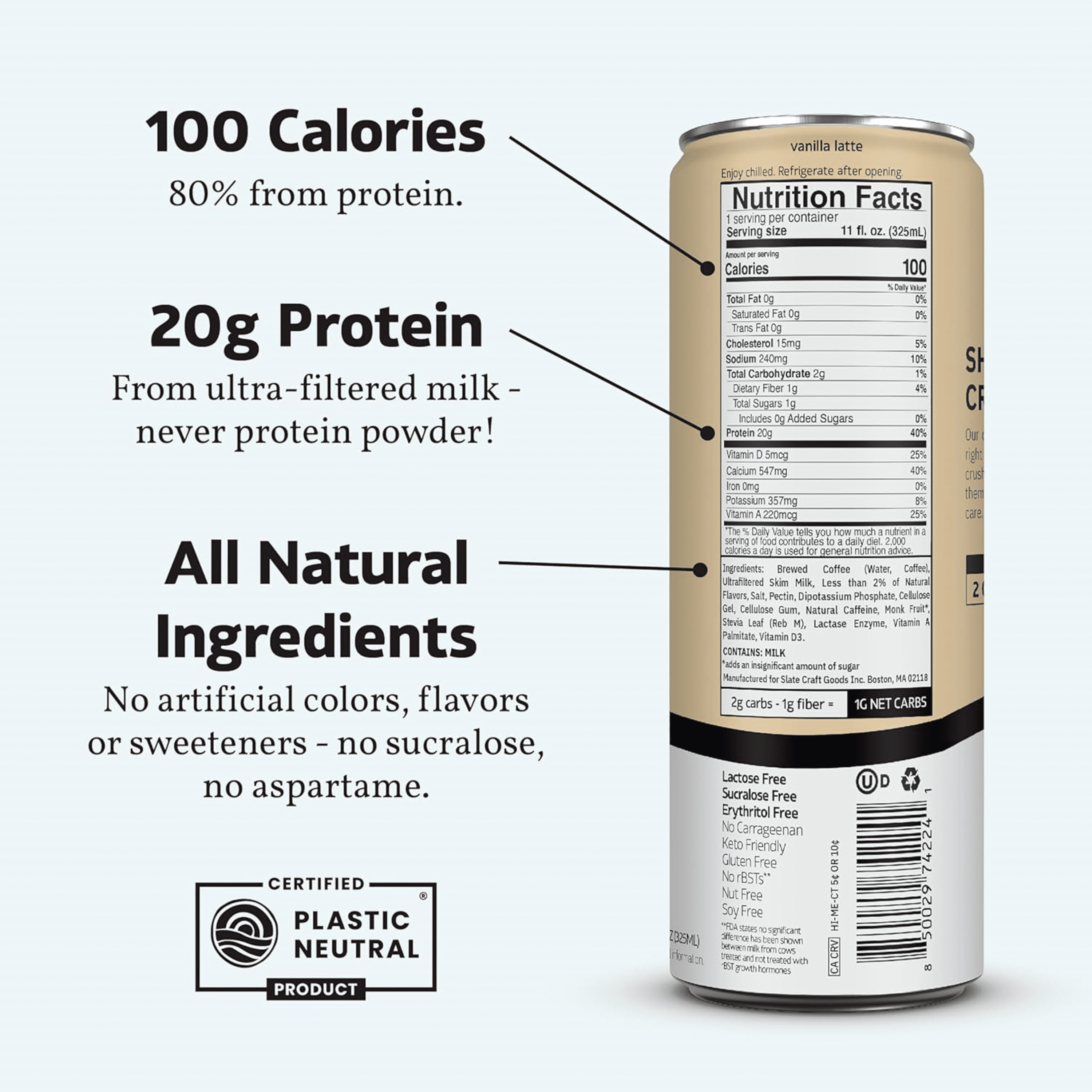(12 pack) Slate Milk Vanilla Latte, High Protein Iced Coffee, 20g Protein, 11 fl oz can, Ready to Drink