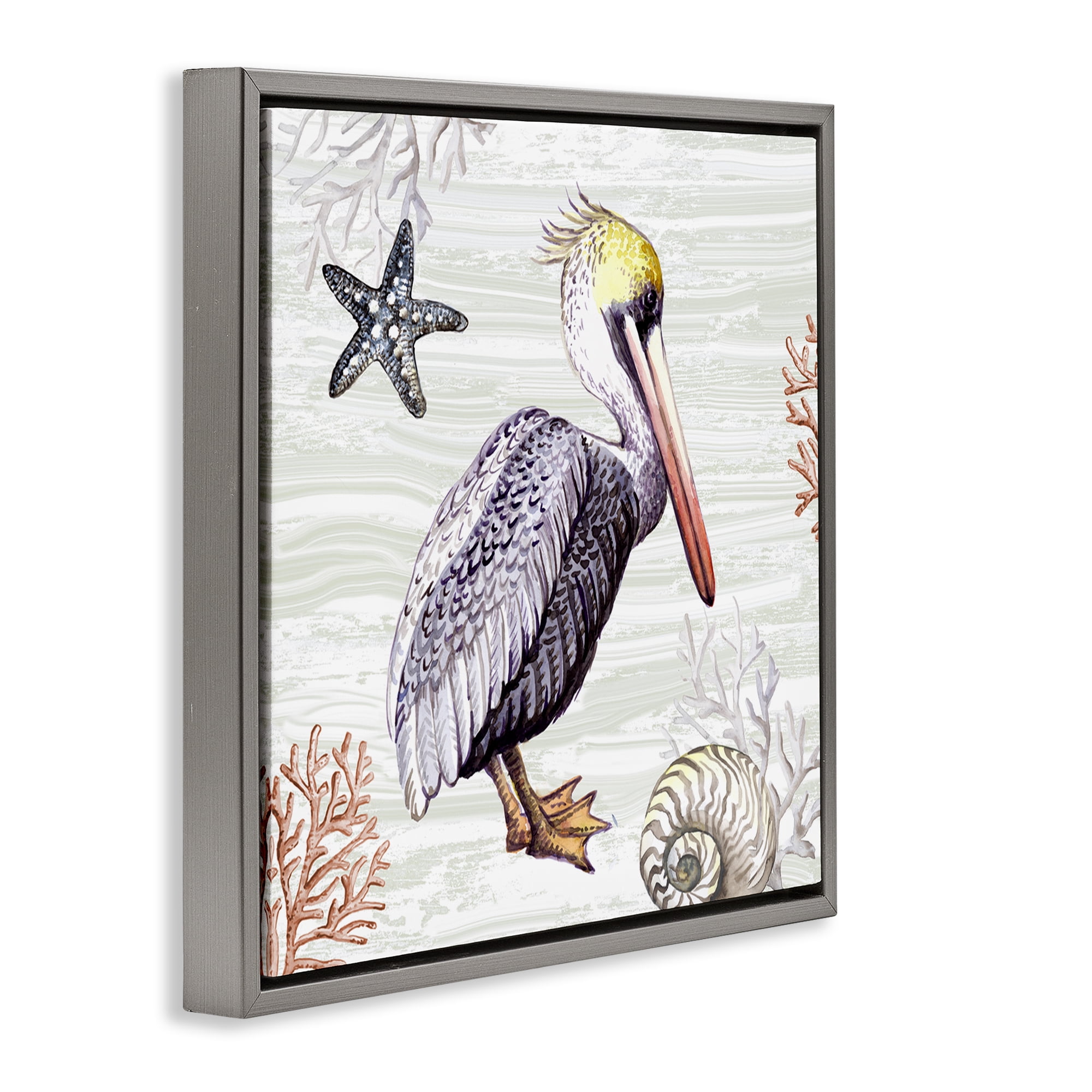 Stupell Industries Beach Bird Pelican Animals Painting Gray Floater Framed Canvas Art Print Wall Art, 25 x 25
