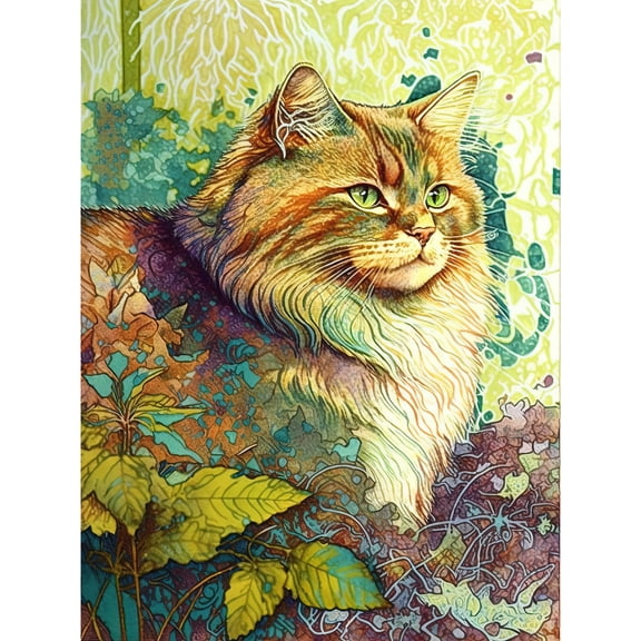 Siberian Cat in Nature Vibrant Colourful Modern Portrait Illustration Unframed Wall Art Print Poster Home Decor Premium
