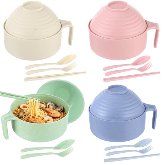 4 Sets Ramen Bowl Sets, Microwave Ramen Cookers with Lid and Utensils, Wheat Straw Noodle Cookers with Spoons, Chopsticks, and Forks for Home, Apartment