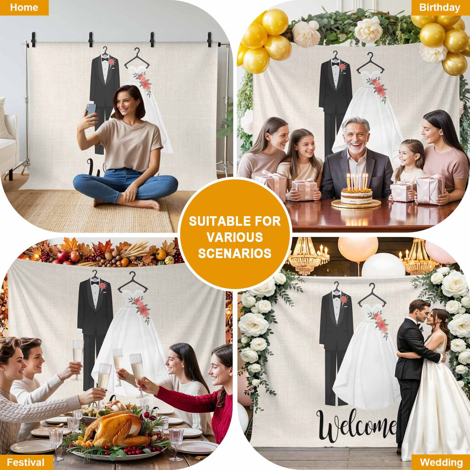 Weddings Clothing Photography Backdrop 7x5FT, Welcome Marriage Beige Linen Texture Photo Backdrops, Background for Photography Studio Photo Studio Background, Back Drop for Photoshoot