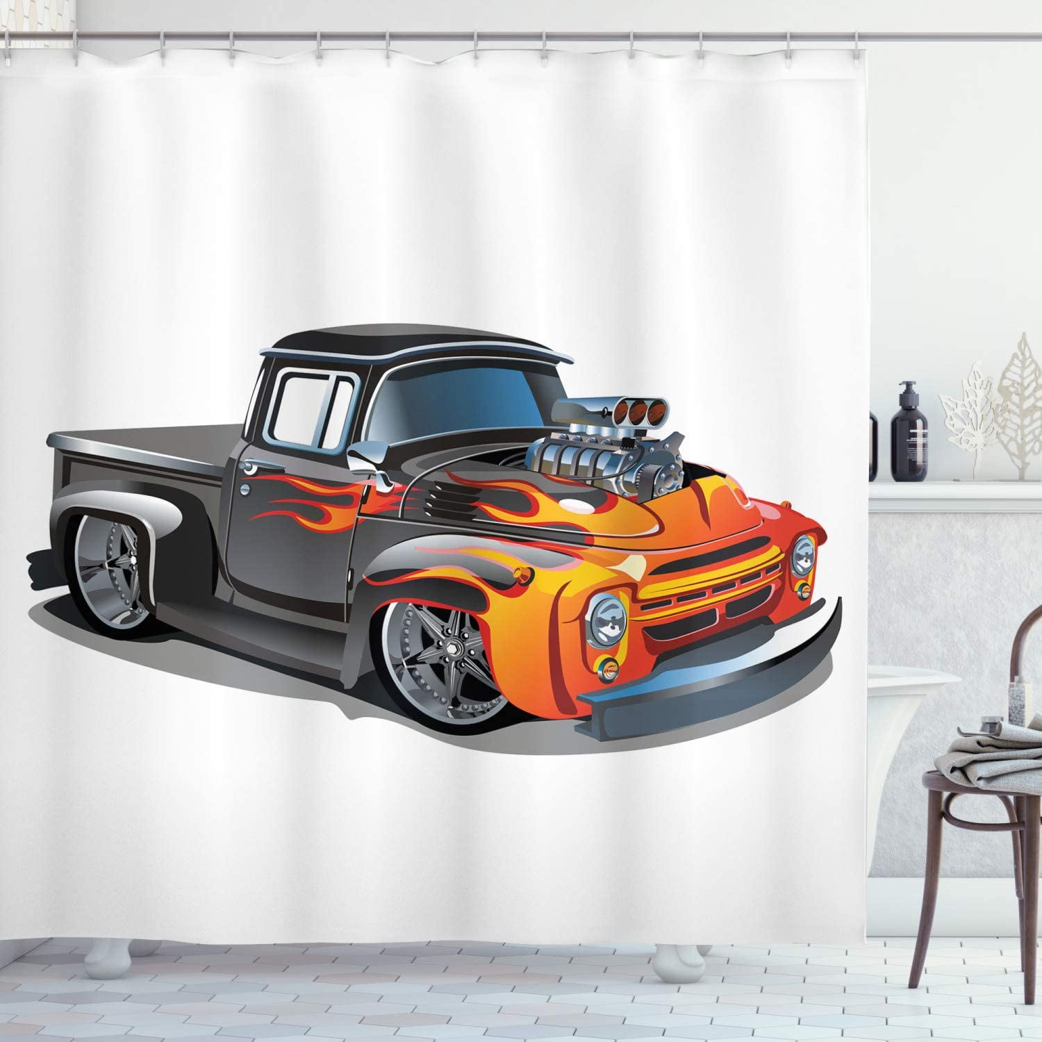 Sonernt Manly Shower Curtain, Cartoon HotRod Truck Antique Old Model