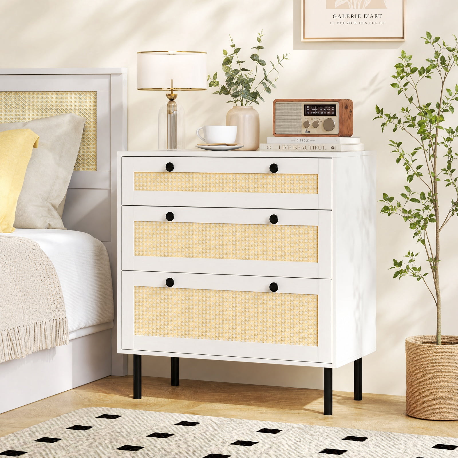 Furnibear 3-Drawer Rattan Nightstand Boho Chest of Drawers for Bedroom for Bedroom Closet Living Room Nursery Clothes Storage, White