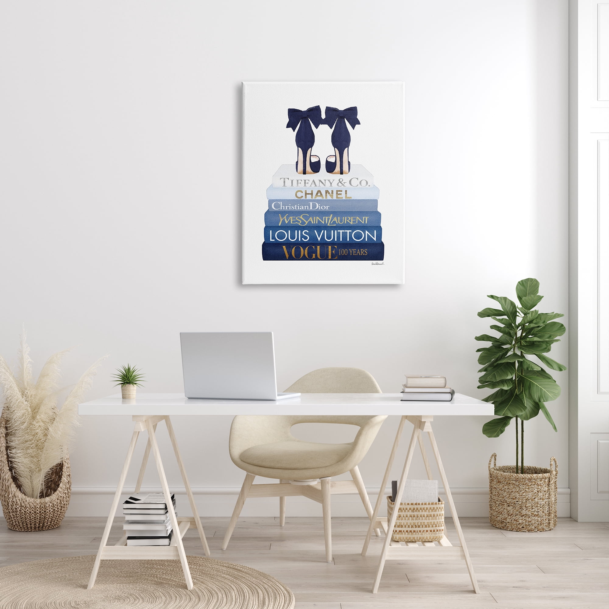 Stupell Industries Navy Blue Bow Heels Chic Glam Bookstack Beauty & Fashion Painting Gallery Wrapped Canvas Print Wall Art, 30 x 40