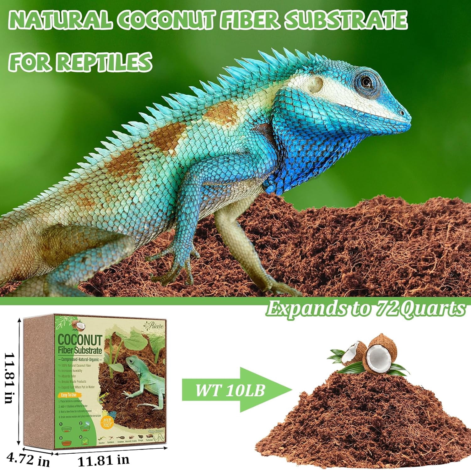 10LBS Natural Coconut Fiber Substrate for Reptile- Premium Compressed Coconut Husk Terrarium Bedding for Reptile, Tortoise, Frogs, Snakes, Hermit Crabs, Burrowing Animals