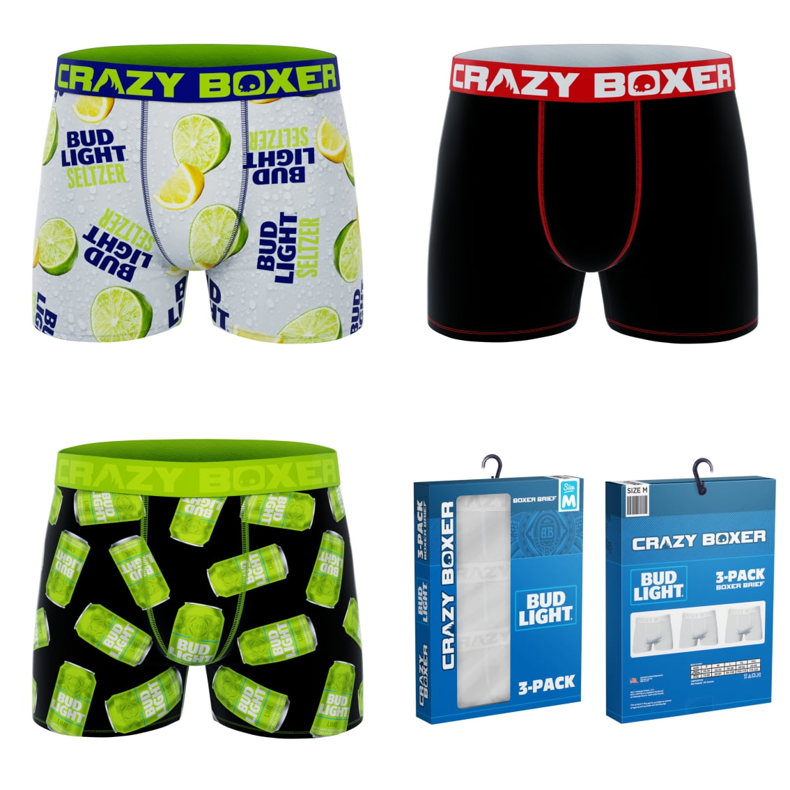 CRAZYBOXER Bud Light Lime And Cans; Men's Boxer Briefs, 3 Pack