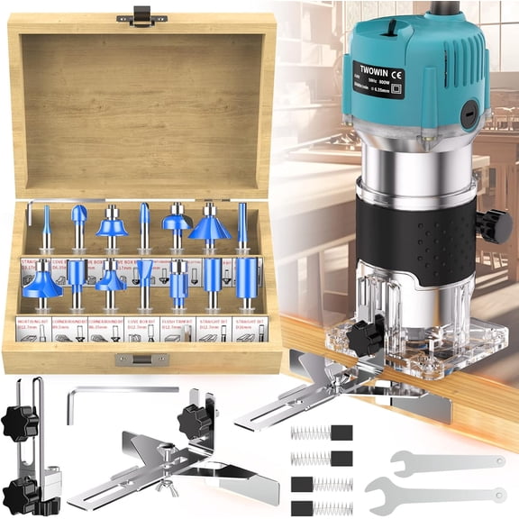 TwoWin Router Tool, 110V 800W Compact Wood Router Tool for Woodworking, Electric Hand Trimmer 1/4" Collets Palm Wood Router Tools Laminate Trimmer   Tungsten Carbide Router Bits 15-Piece Set