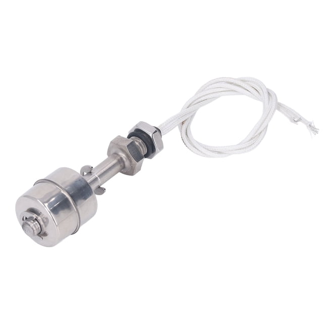 sensor de nivel de agua líquida, interruptor de flotador de nivel de líquido de acero inoxidable 0-220 v para humidificadores, interruptor flotador de acero inoxidable SUS304/SUS316 con bola cilíndrica hueca, eje con tuerca de montaje roscada y cable blanco trenzado; acabado metálico pulido y recorrido de flotador ≈10 mm; adecuado para humidificadores y tanques pequeños.