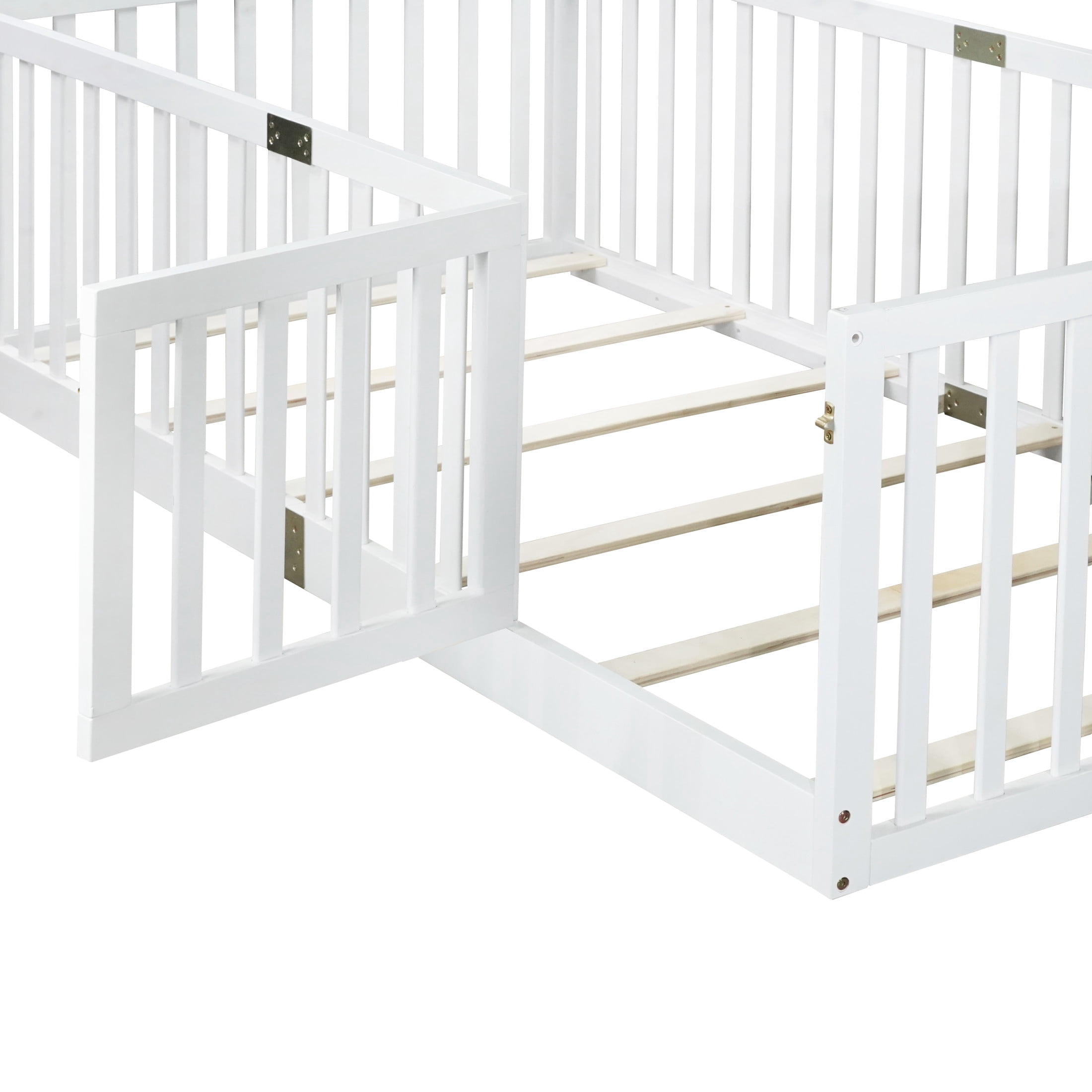 Noble House Nira Twin Floor Bed with High Fence and Door, Rubber Wood Montessori Bed Frame, Kids' Room, White