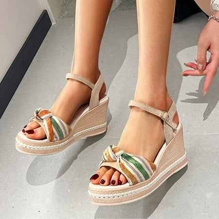 

Ladies Shoes Breathable Stripe Bow Suede Wedge Buckle Strap Beach Sandals
