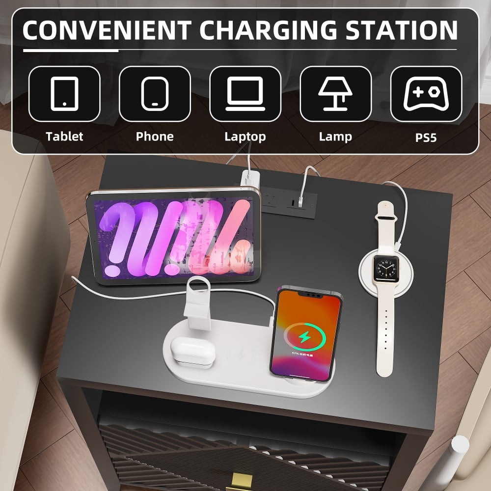 Nightstand with Charging Station, 2 USB Ports & 2 AC Outlets, 19" Modern Bedside Table with Storage Shelf and Cabinet, Black
