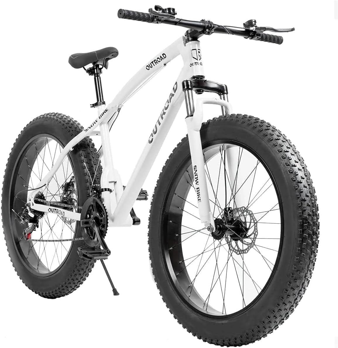 Marknig Fat Tire Mountain Bike with 26 inch Wheels, 21 Speed Bicycle with High Carbon Steel Frame, Double Disc Brake and Front Suspension Anti-Slip for Adult,White
