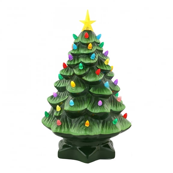 RAIRSKY Small Ceramic Christmas Tree with Lights Hand Painted Vintage Tabletop Christmas Tree Holiday Decoration with Multi Color Lights Green Christmas Tree Ceramic Lighted Christmas