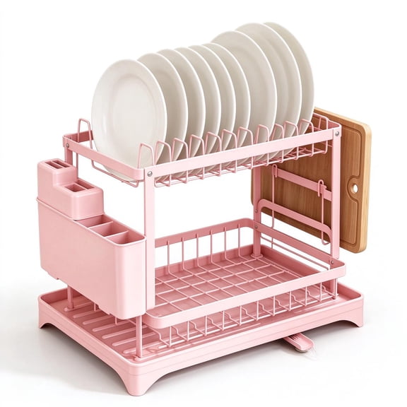 2-Tier Dish Drying Rack with Drainboard, Large Capacity Dish Rack with Utensil Holder, Cup Holder & Cutting Board Slot, Pink Dish Drainer for Kitchen Counter, 16.5 x 11.8 Inch