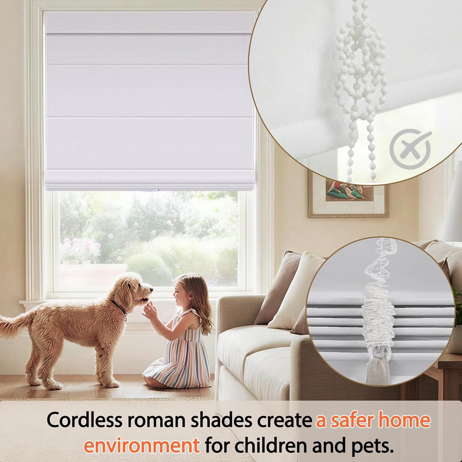 NAWAY No Drill Cordless Roman Shades, 36" W x 64" H Blackout Window Blinds, UV Protection Privacy Shades for Bedroom Living Room Office, Beige