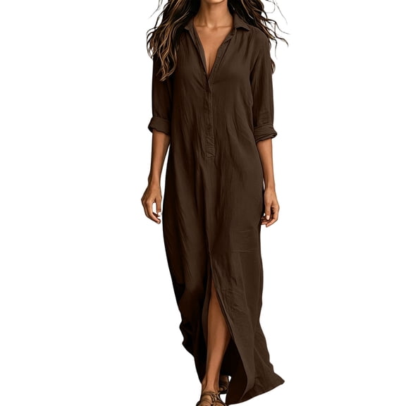 Shrysg Women's Casual Button Down Flowy V Neck Shirt Maxi Dress with Long Sleeve Coffee