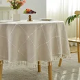 thumbnail image 4 of Manteles redondos a cuadros con borlas, tela de lino y algodón de peso pesado, cubierta de mesa a prueba de polvo, decoraciones de mesa para cocina, comedor y fiesta, 4 of 5