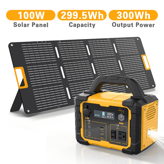 Enyopro 300W Portable Power Station with 200W Solar Panel, 299Wh Lithium Battery Generator with AC Outlet, USB-C PD 60W, DC Ports, LED Light, Solar Rechargeable for Camping, Outdoor, Emergency Use