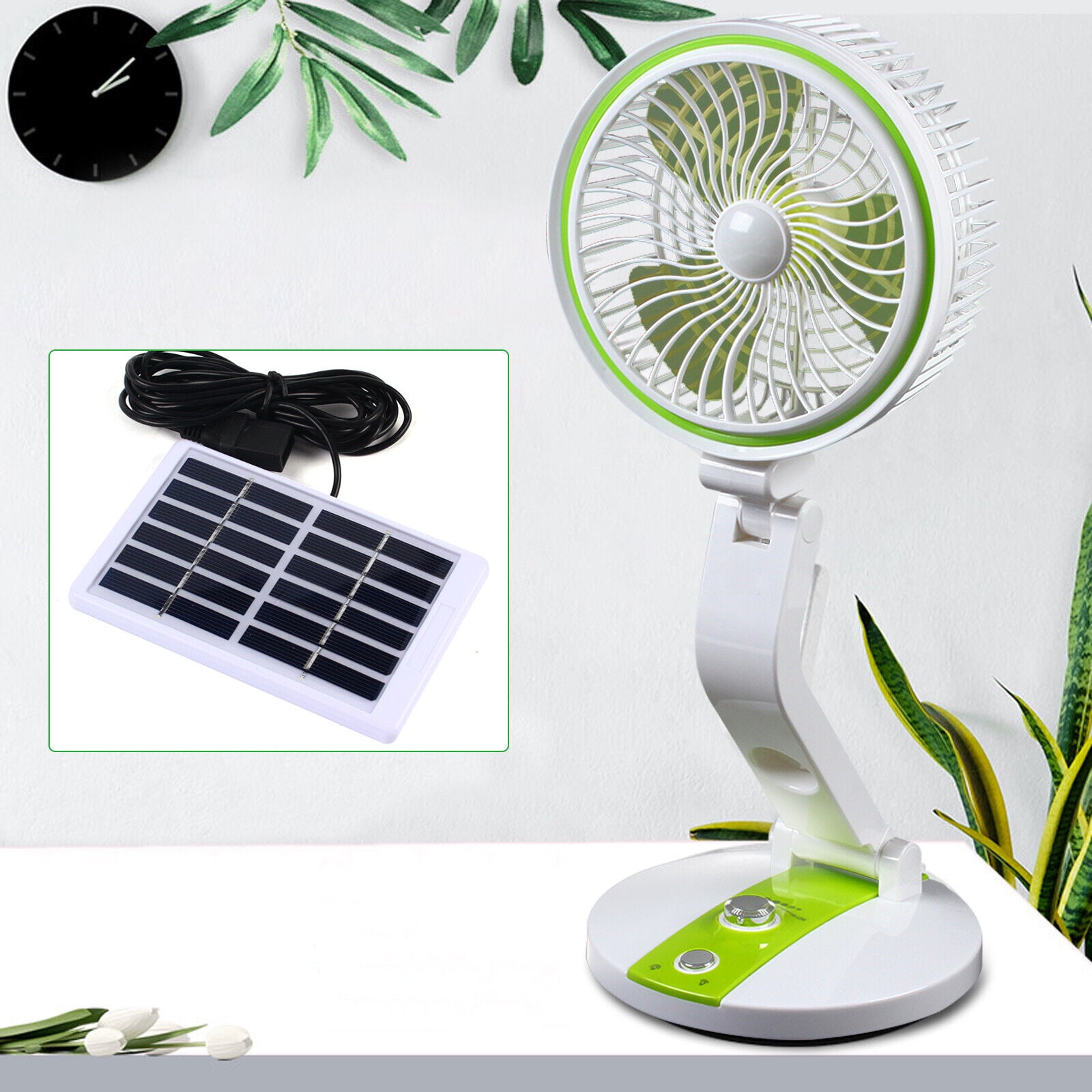 Miumaeov Solar Power Fan Tabletop with LED Light Portable Desk Rechargeable Fan w/ Cable