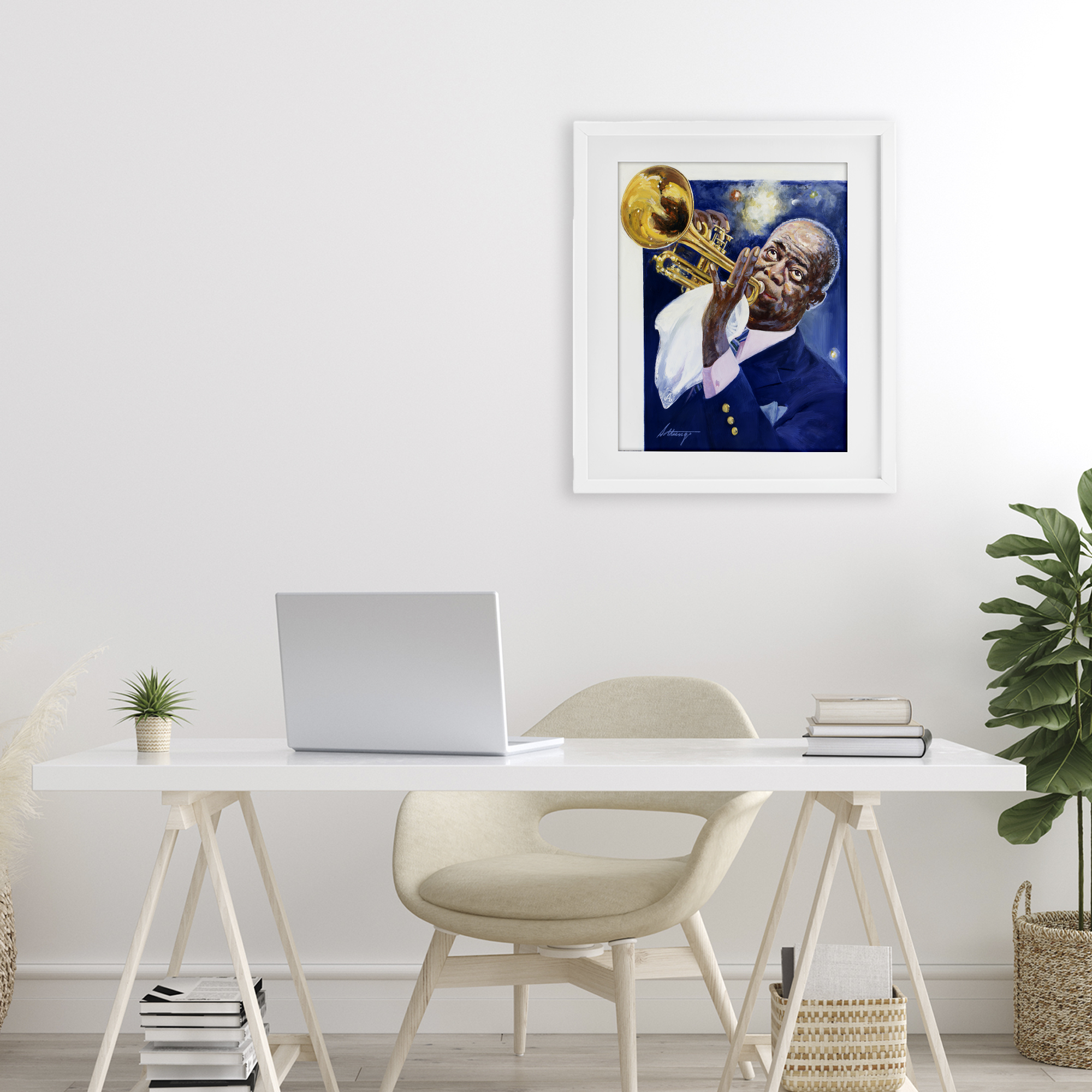 Louis Armstrong Portrait White Framed Print Under Glass, design by Wind River Studios