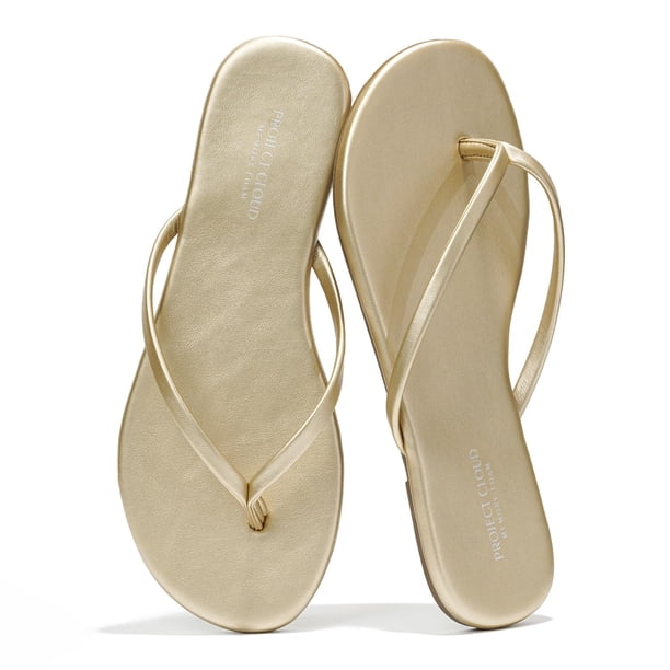 Sandalias tipo flip flop para mujer Project Cloud, doradas, de cuero vegano, ligeras