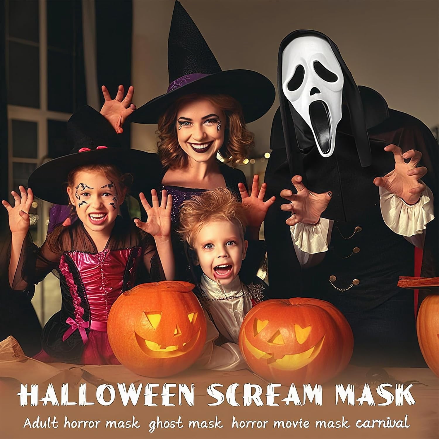 Guvpev Ghost Face Mask, Halloween Costume Mask with Black Stretch Hood, Full Head Horror Cosplay Costume Dress-Up Prop for Halloween Party Decoration
