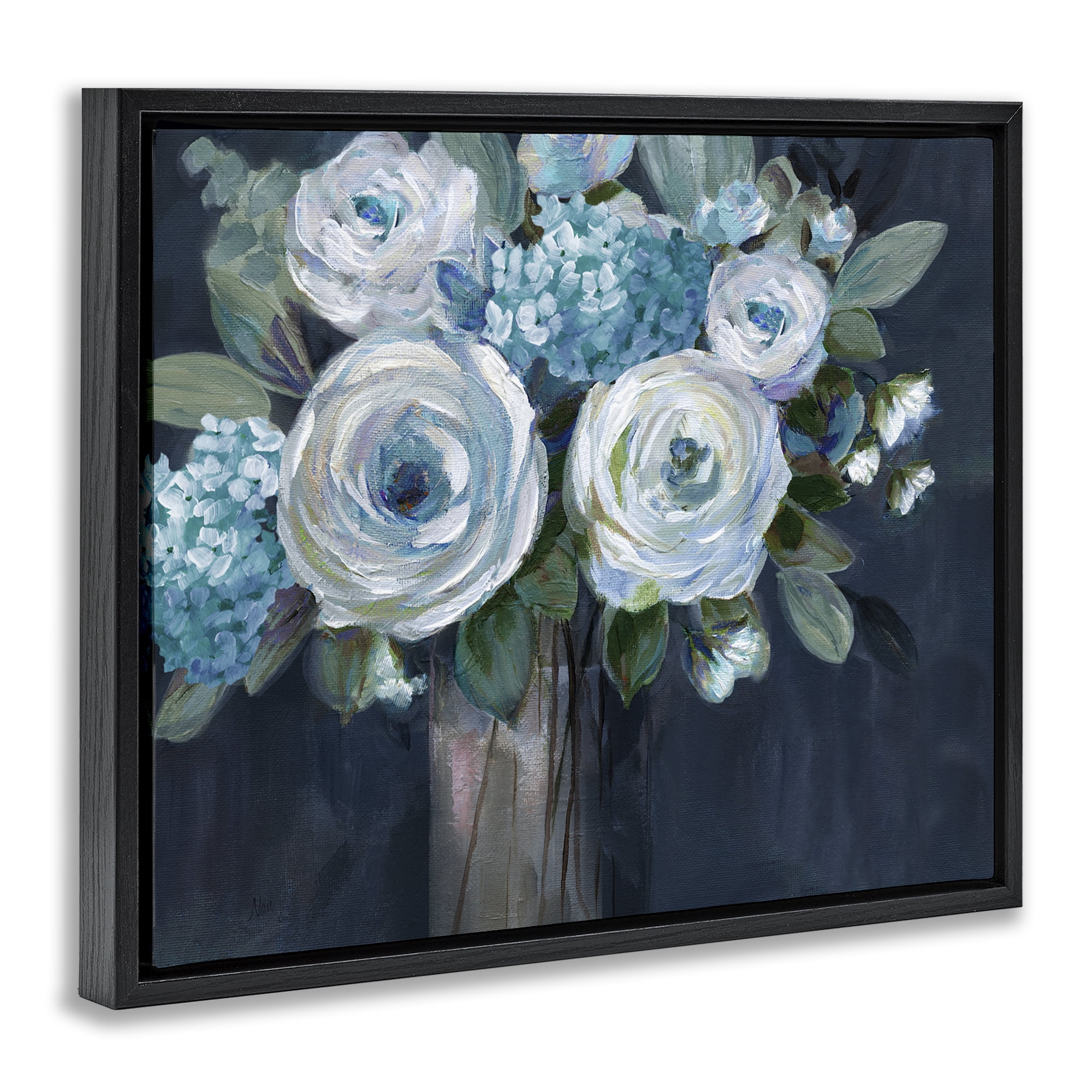 Stupell Industries Blue Mixed Bouquet Plants & Flowers Painting Black Floater Framed Canvas Art Print Wall Art, 21 x 17