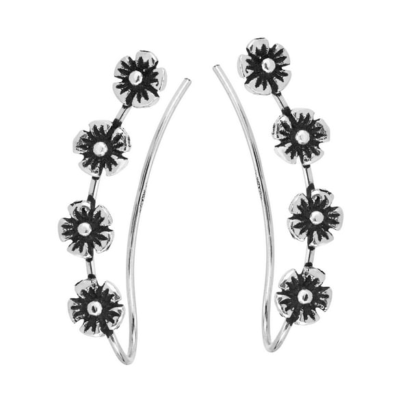 AeraVida Unique Row of Flowers Sterling Silver Vine Crawler Earrings