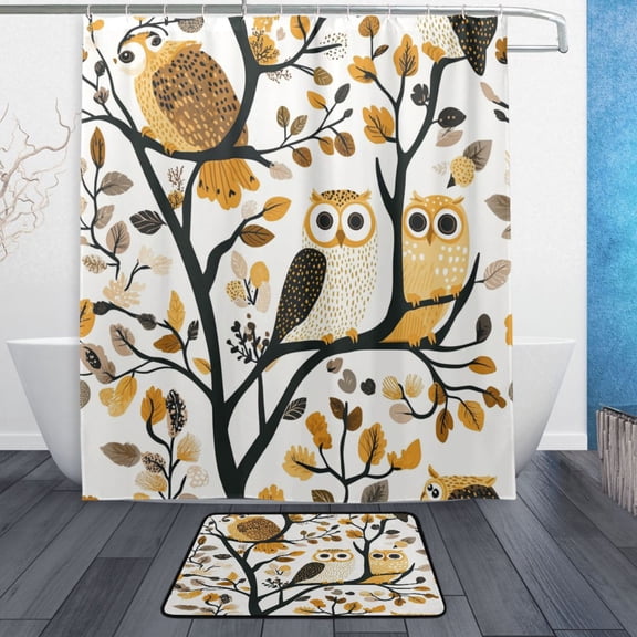 Bath Curtain & Non-Slip Bath Mat Set 12-Grommet Shower Curtain Memory Foam Bath Rug Owls and Plants