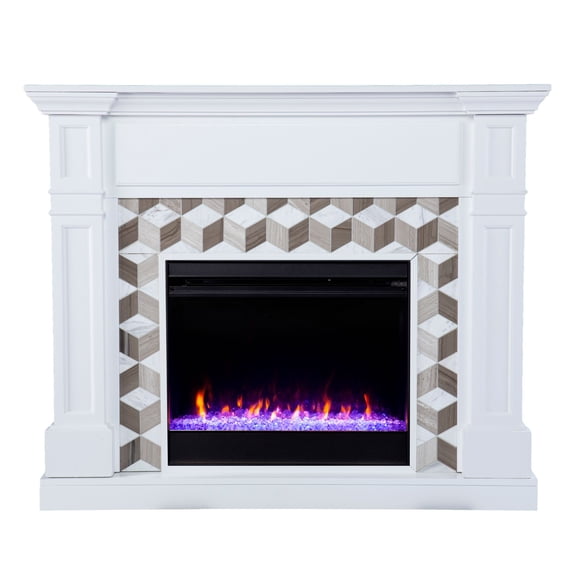Southern Enterprises 48" White and Brown Color Changing Fireplace with Marble Surround